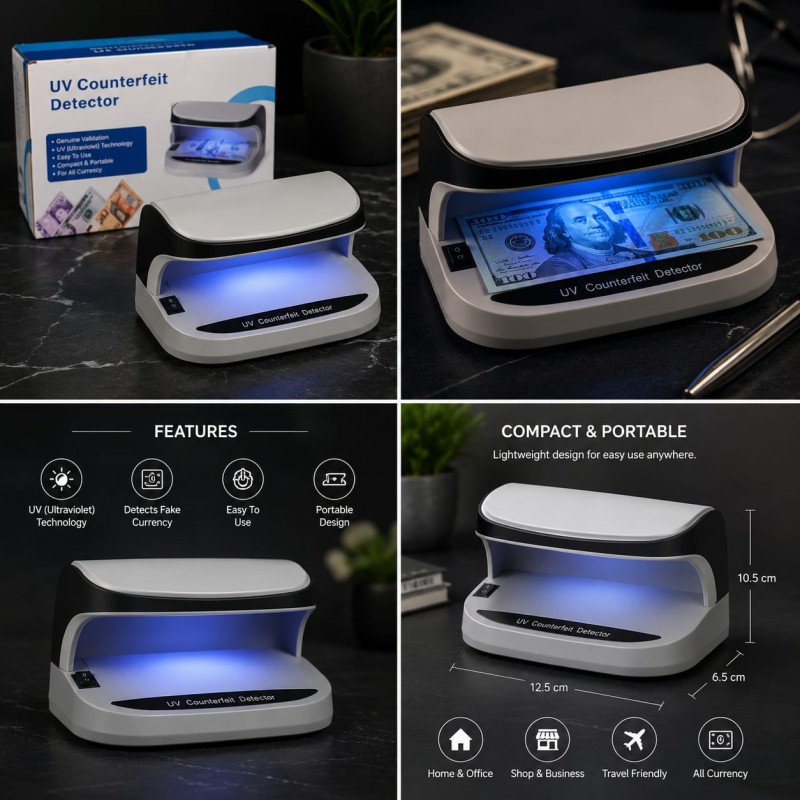 UV Counterfeit Bill Money Detector, Small Footprint, Portable, Rechargeable, Lightweight, Bills Credit Cards Banknote Passports IDs All Currencies, Auto ON Off, LED Light Currency Check - Image 4