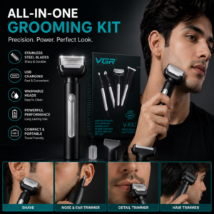 VGR V-630 Professional Hair Trimmer Premium design, sharp stainless steel blades, and USB Type-C fast charging